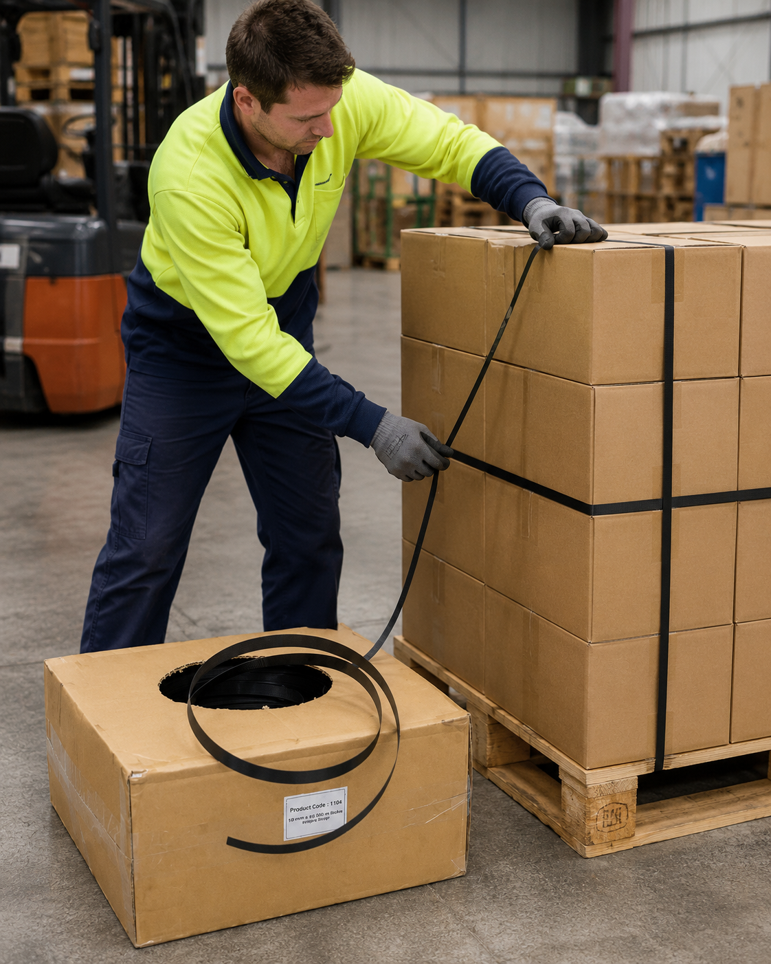 Black polypropylene hand strapping on dispenser box