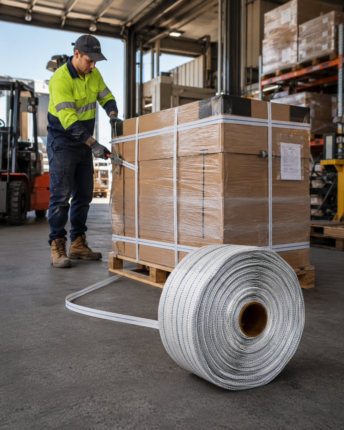 Poly-Woven Strapping roll with 19mm width and blue line pattern