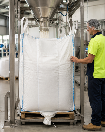 Laminated food grade bulk bag with spout top and bottom, 105x105x160cm size