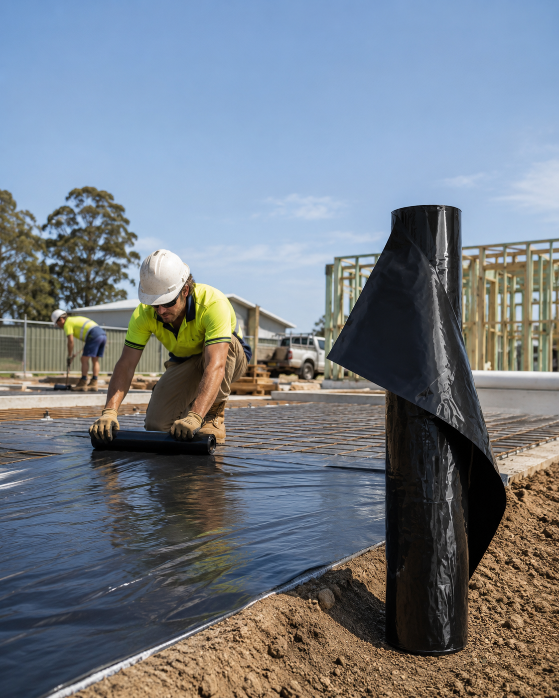 Black builders film roll on pallet, angled view, wrapped for transport