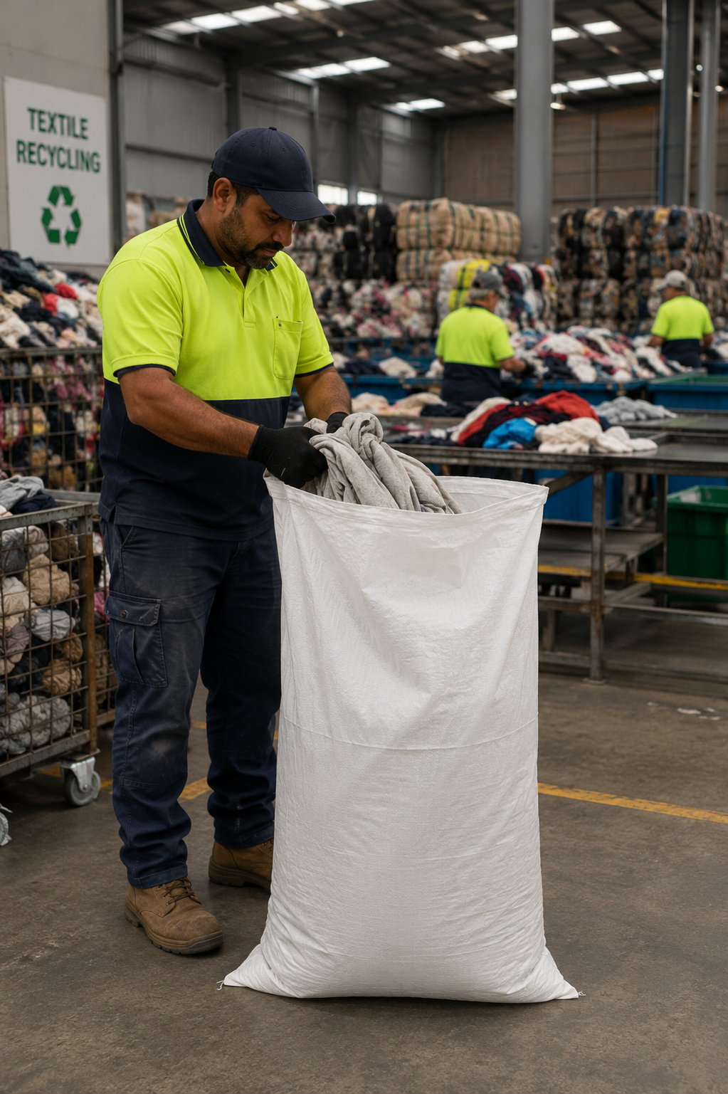 Woven Polypropylene Clothing Export Bag, front view, with visible stitching and textured surface