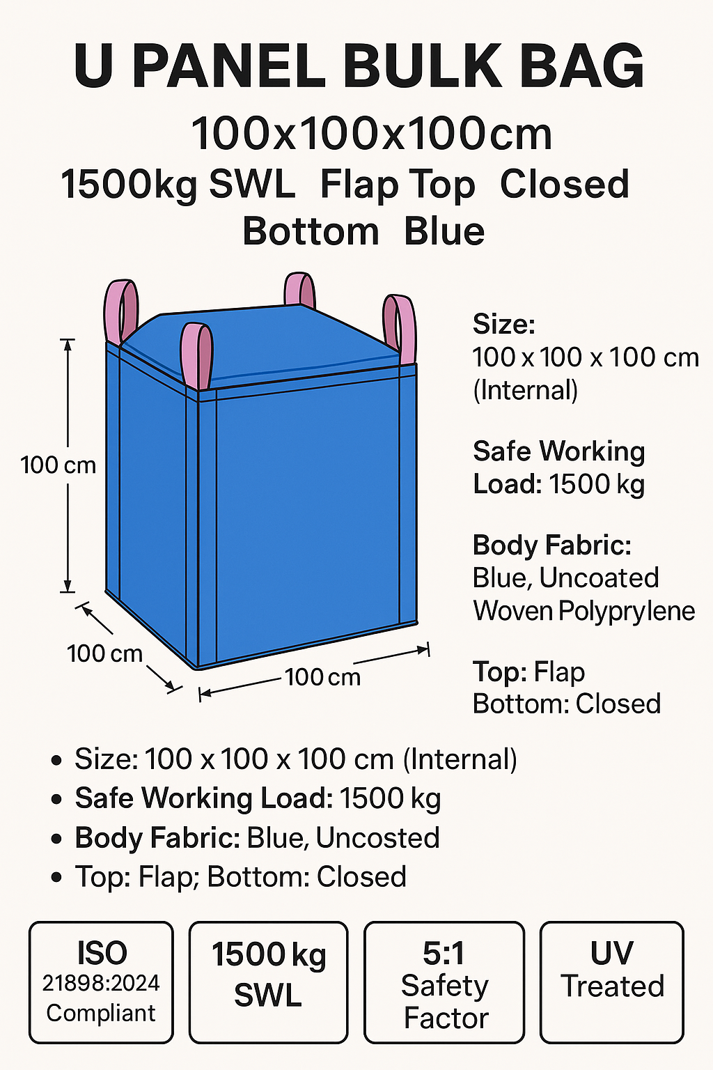 U Panel Bulk Bag 100x100x100cm, 1500kg SWL, Flap Top, Closed Bottom, Blue