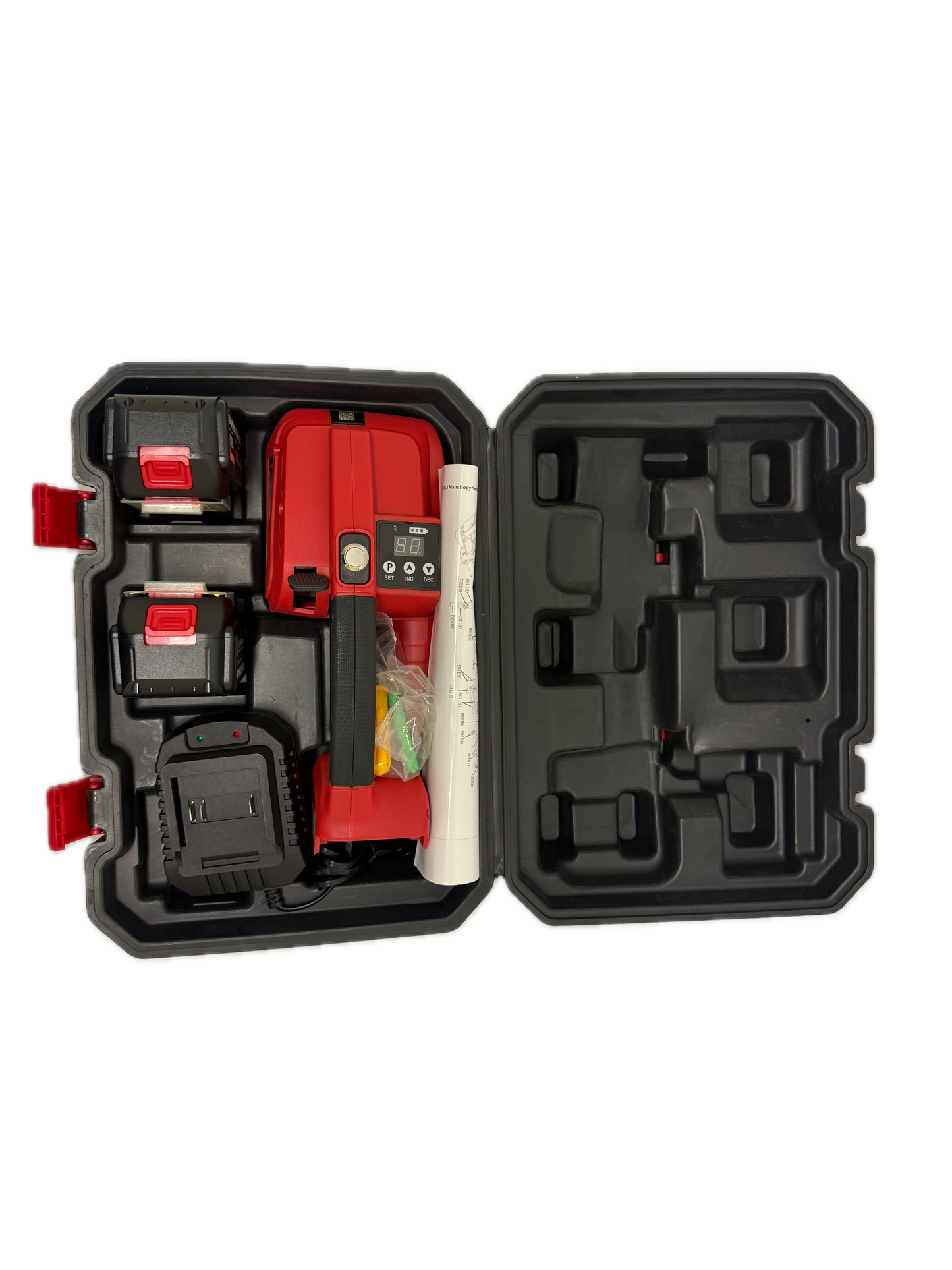 KM06431A battery-powered strapping machine in carry case with battery, charger and accessories