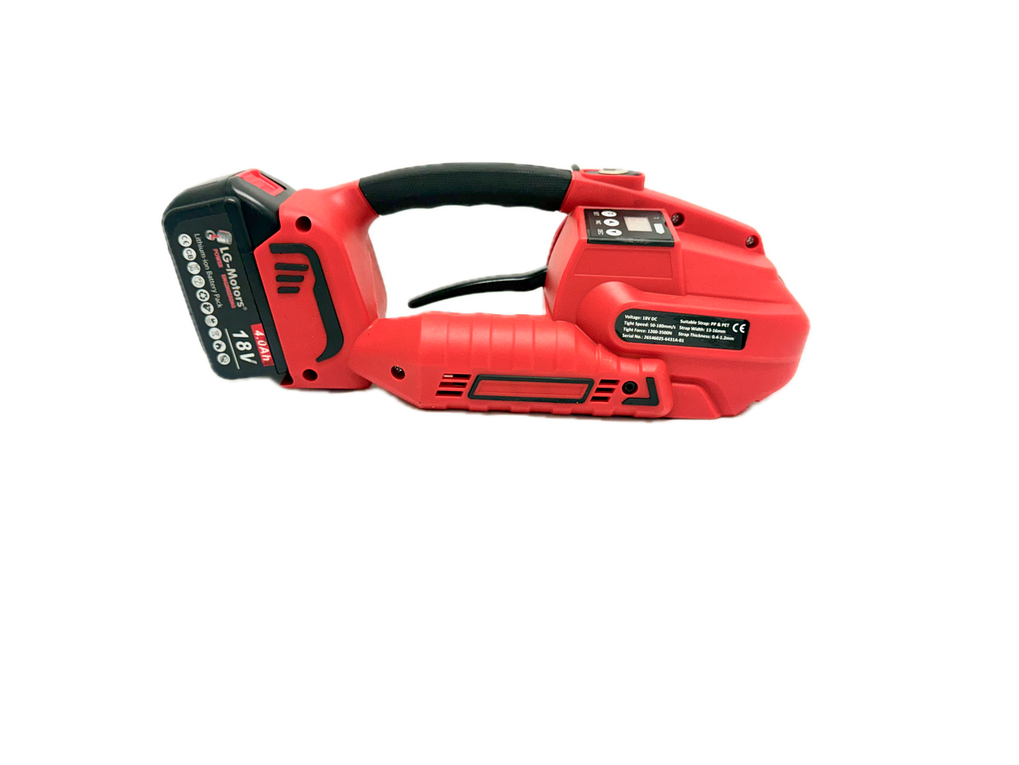 KM06431A battery-powered strapping machine, side three-quarter view