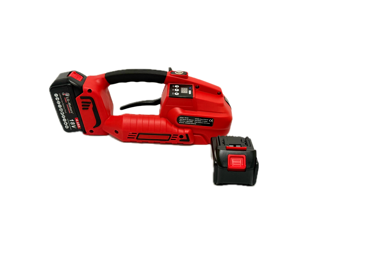 KM06431A battery-powered strapping machine, front three-quarter view