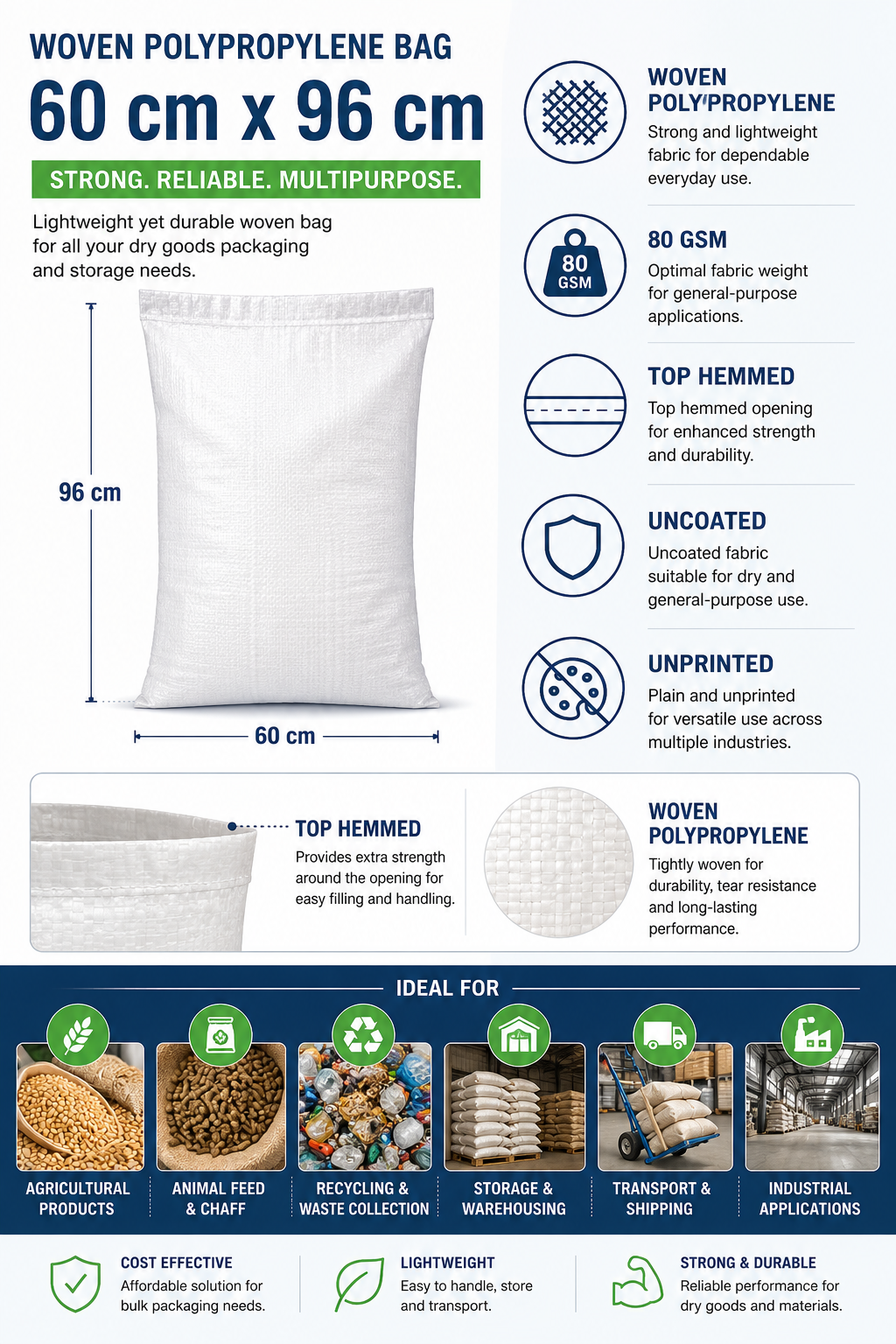 Woven polypropylene medium bag, front view, with hemmed top opening