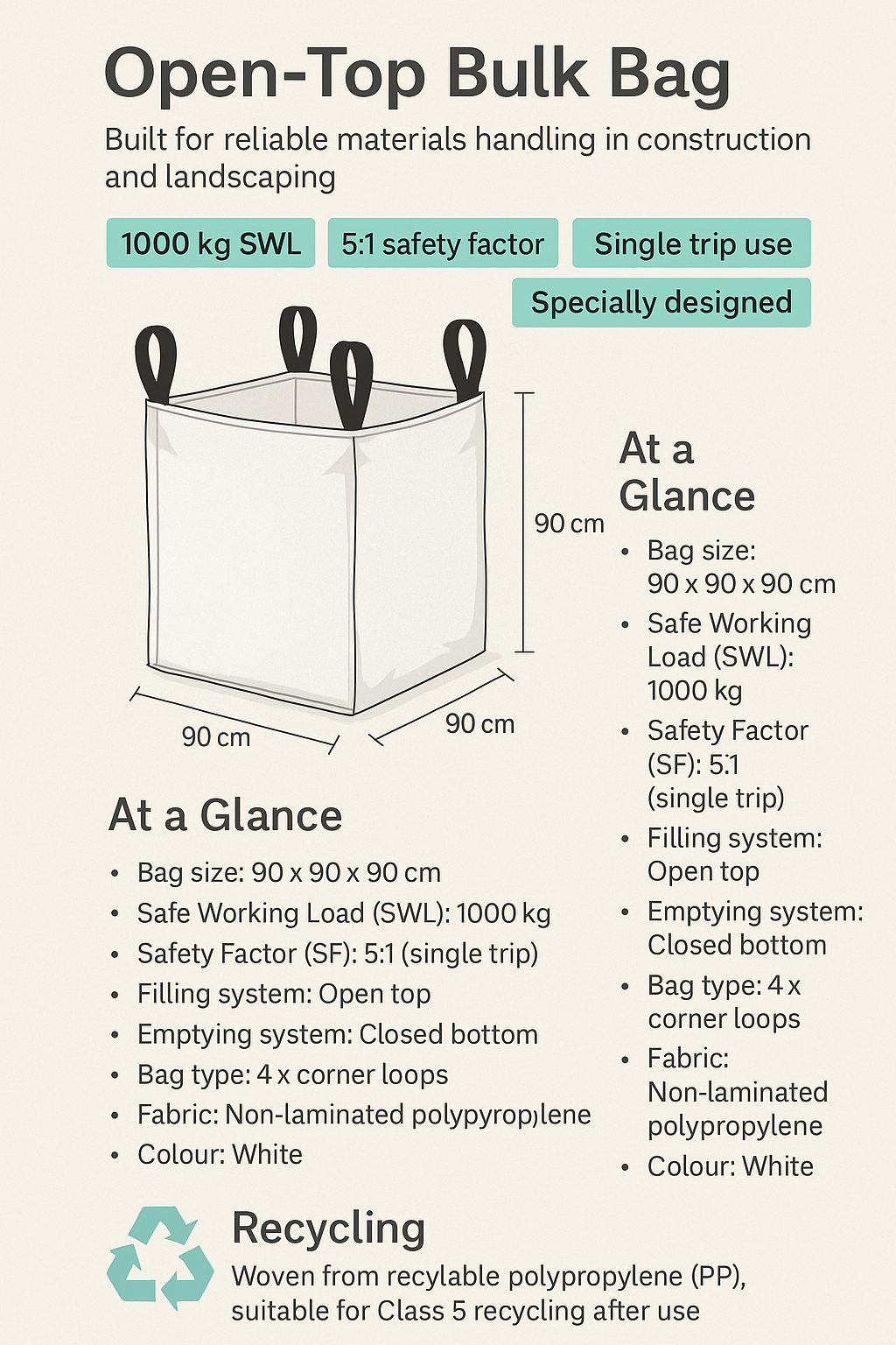 1.0 Tonne - U Panel - Open Top Closed Bottom - Bulk Bag - 90 x 90 x 90 CM