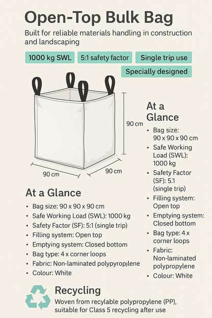 1.0 Tonne - U Panel - Open Top Closed Bottom - Bulk Bag - 90 x 90 x 90 CM