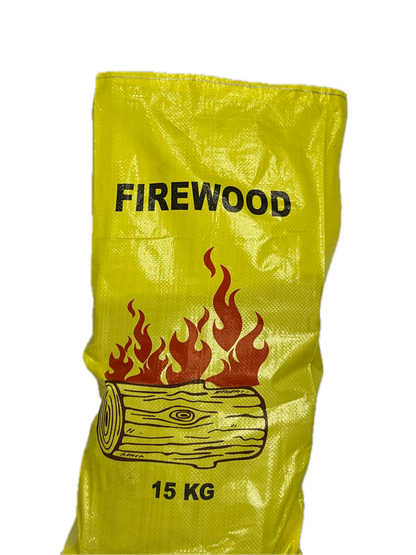Yellow bag of firewood with text and a firewood illustration on a white background