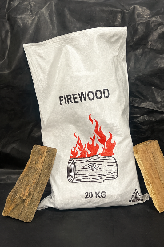 Firewood bag labeled 'FIREWOOD' with a log illustration and '20 KG' on a black background.