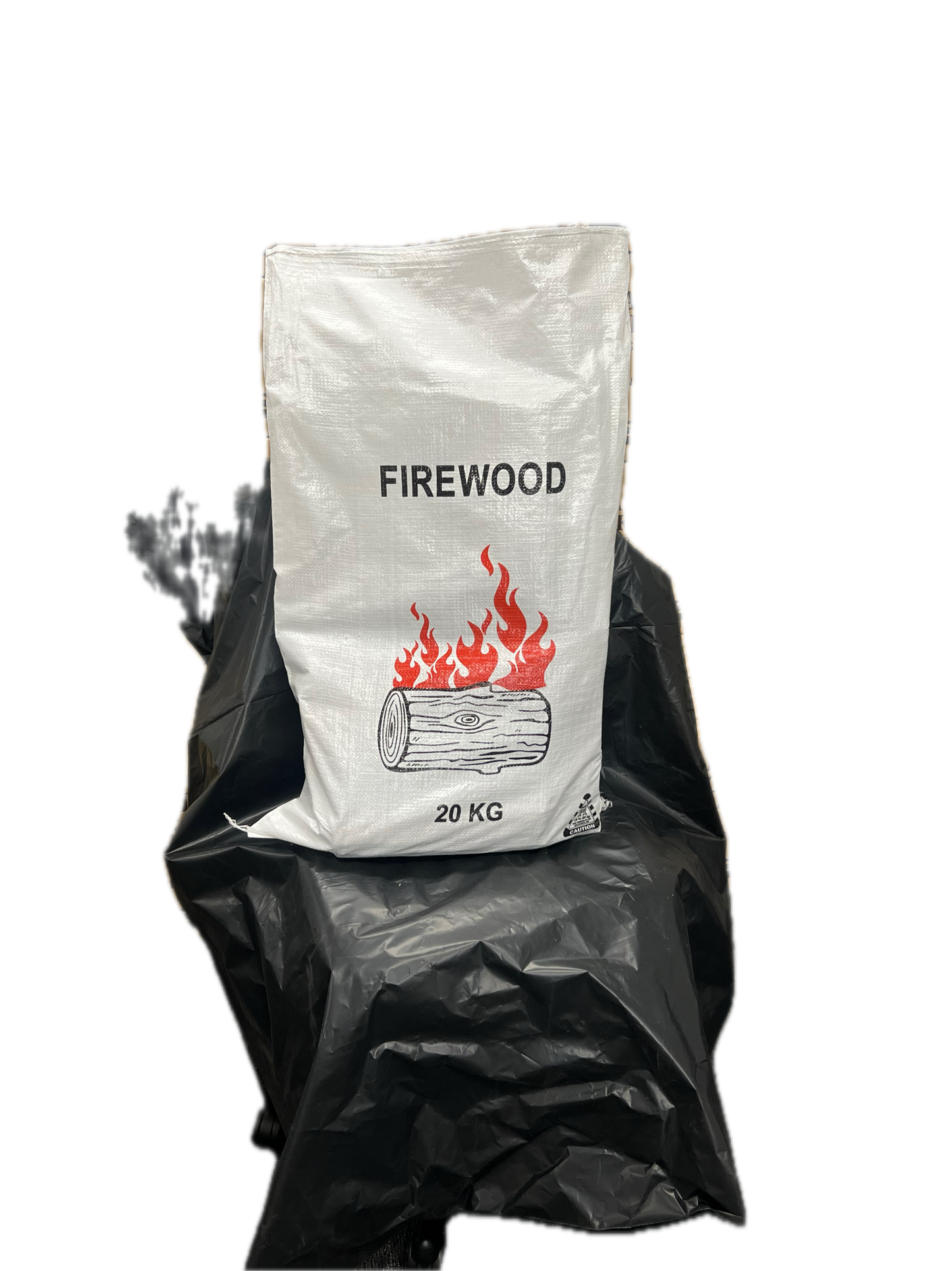 Firewood bag labeled '20 KG' with a black bag underneath on a white background