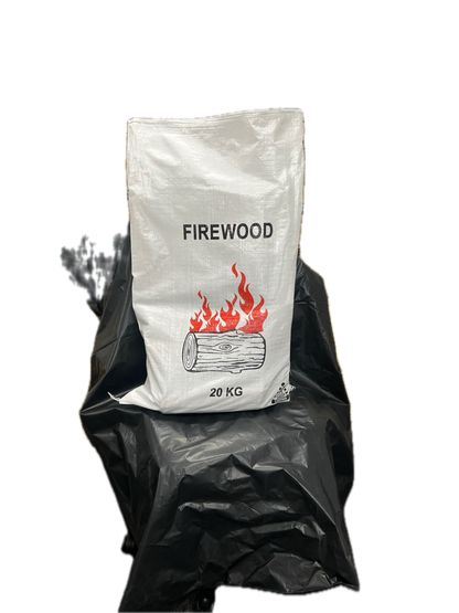 Firewood bag labeled '20 KG' with a black bag underneath on a white background