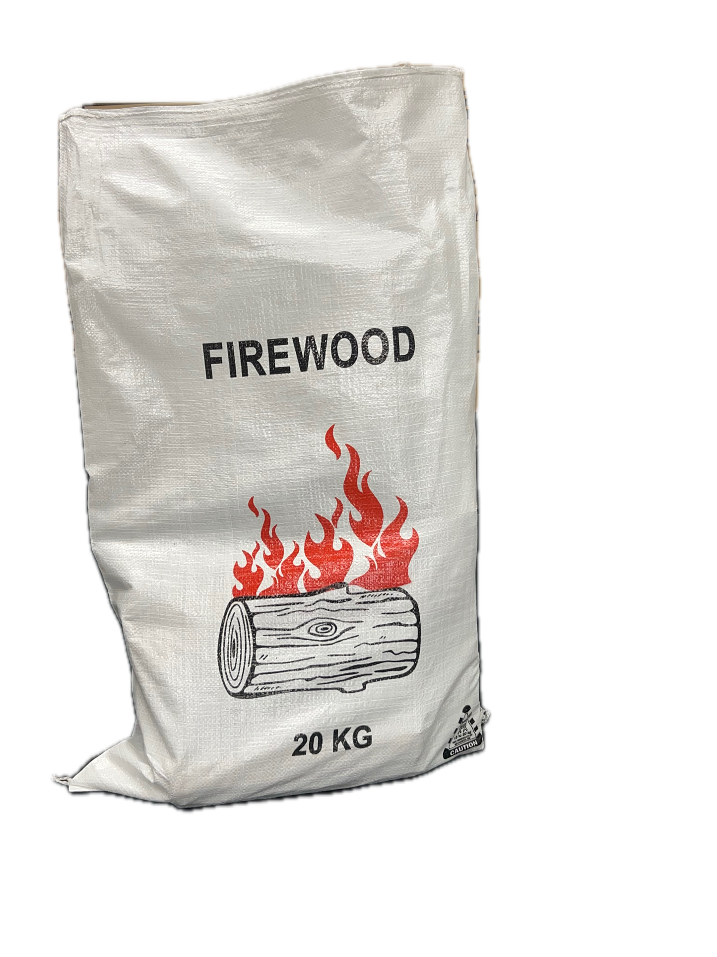 Bag of firewood labeled '20 KG' with a fire graphic on a white background