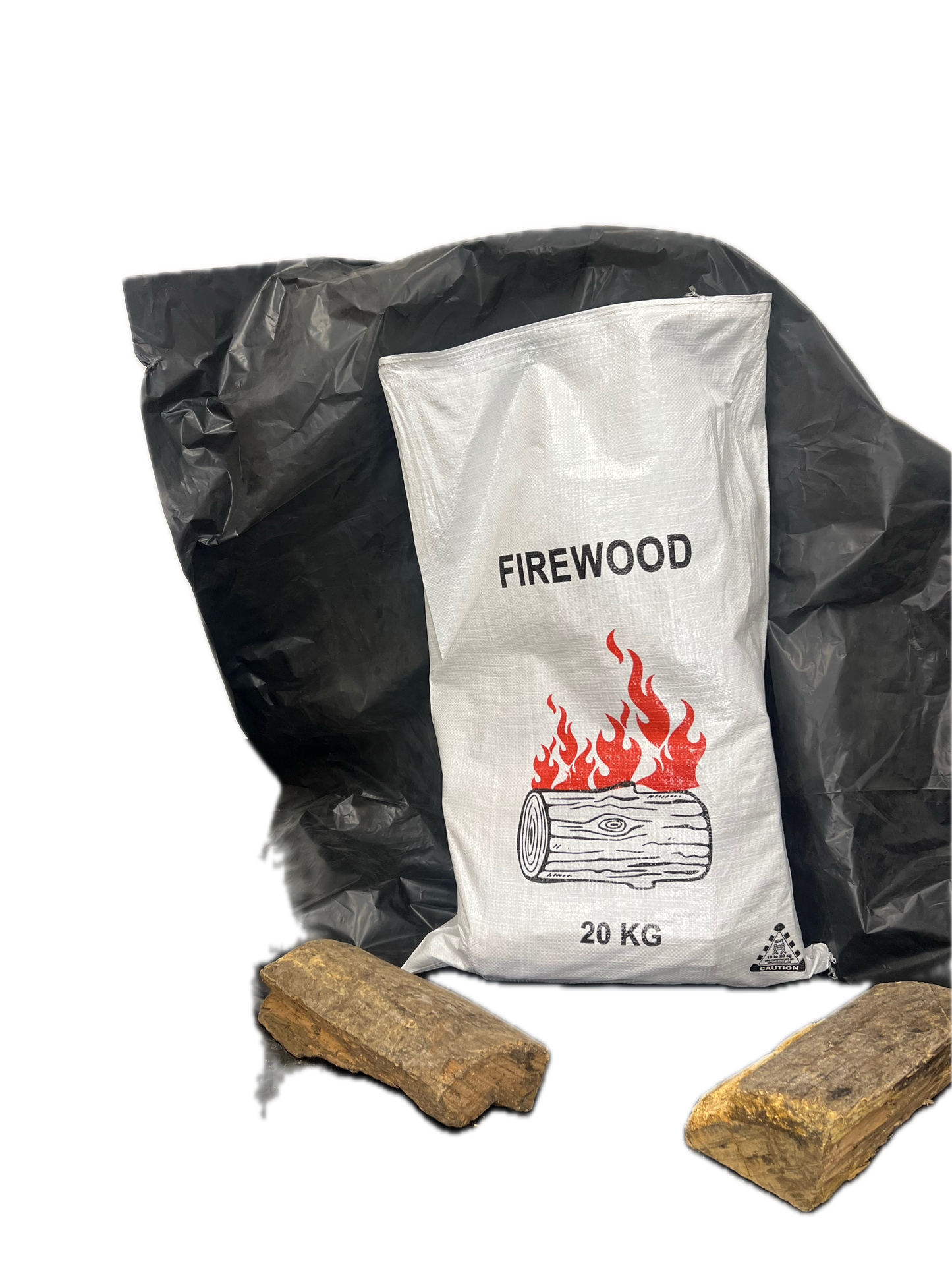 Bag of firewood labeled '20 KG' with two pieces of firewood on a white background