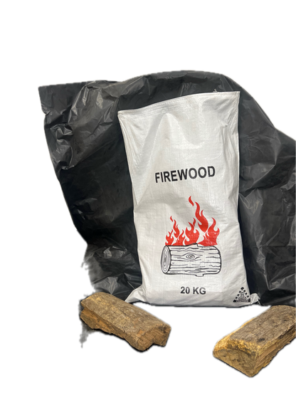 Bag of firewood labeled '20 KG' with two pieces of firewood on a white background