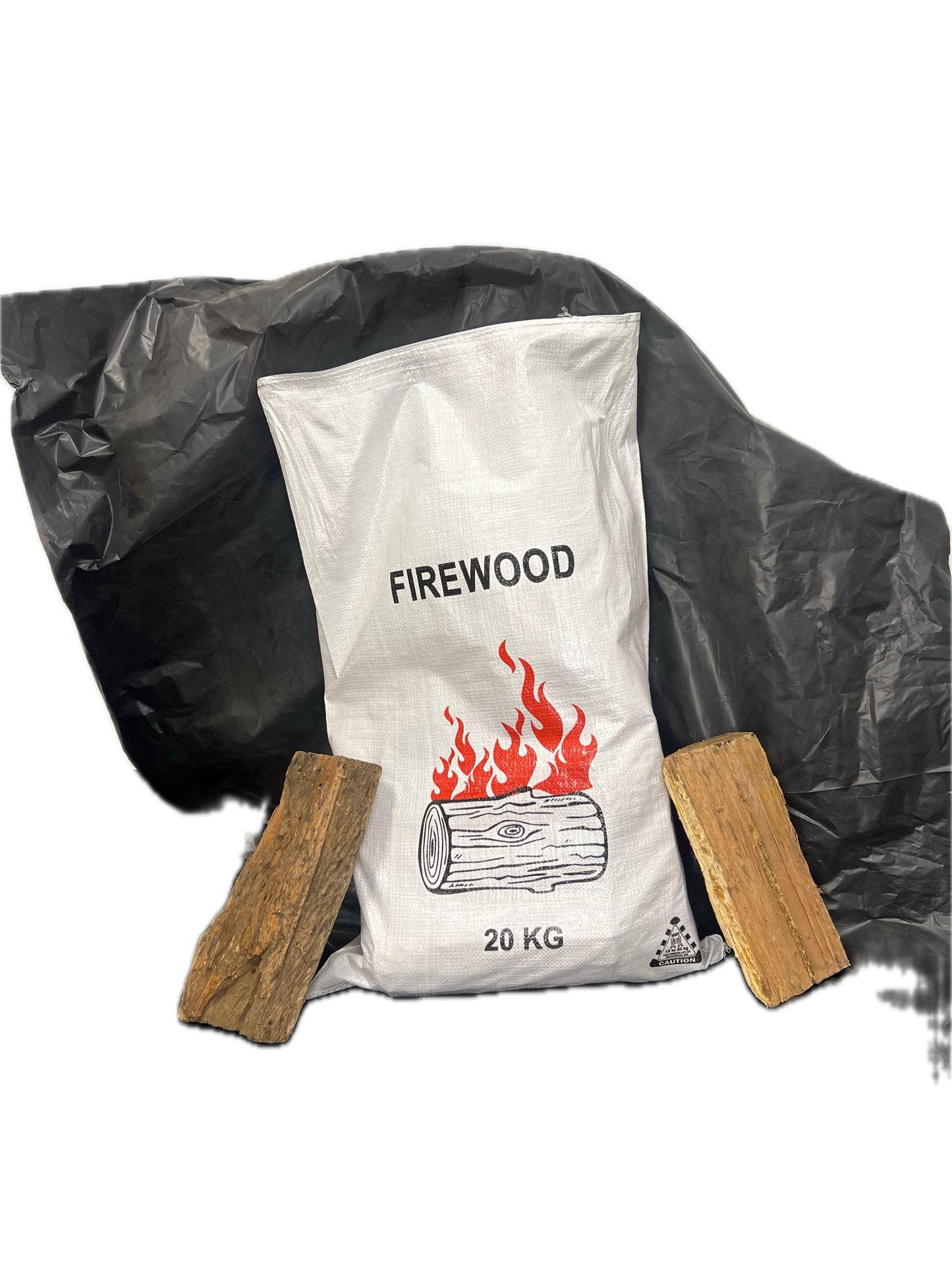 Bag of firewood labeled '20 KG' with two pieces of firewood on a white background