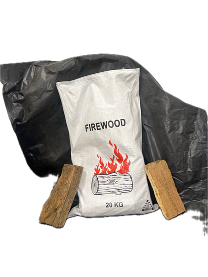 Bag of firewood labeled '20 KG' with two pieces of firewood on a white background