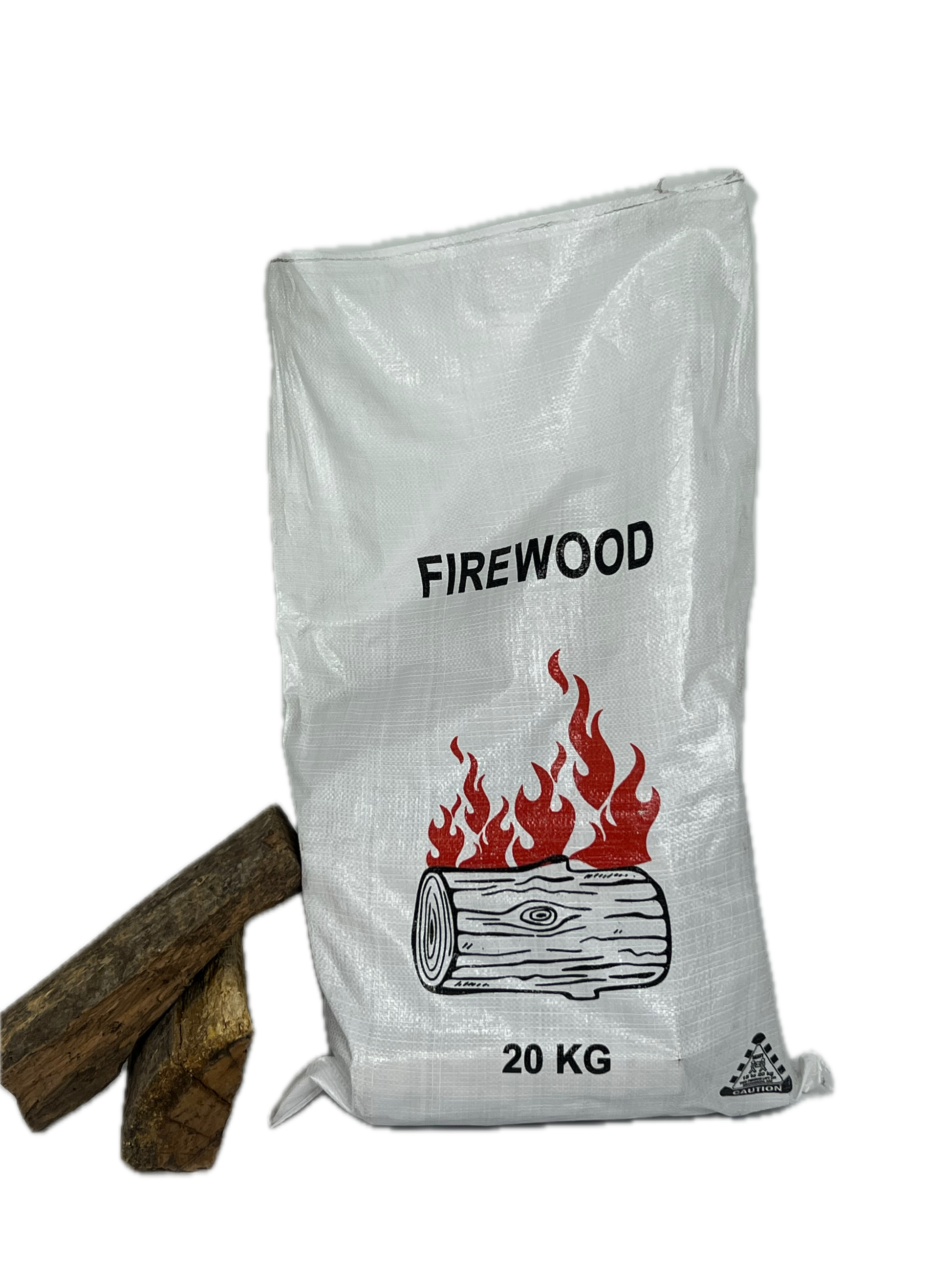 Bag of firewood labeled '20 KG' with a graphic of flames and a log on a white background.