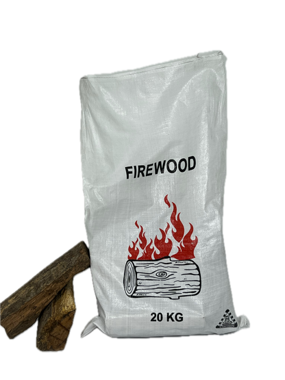 Bag of firewood labeled '20 KG' with a graphic of flames and a log on a white background.