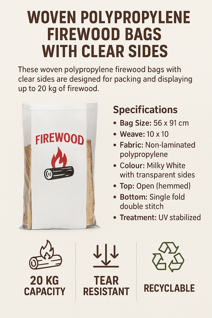 Woven polypropylene firewood bags with clear sides, specifications, and features on a white background.