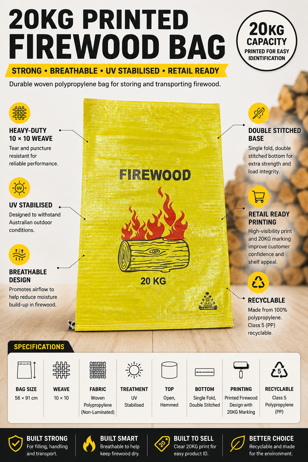 20KG Printed Yellow Firewood Bag, UV Stabilised Woven Polypropylene Sack (56 x 91 cm)
