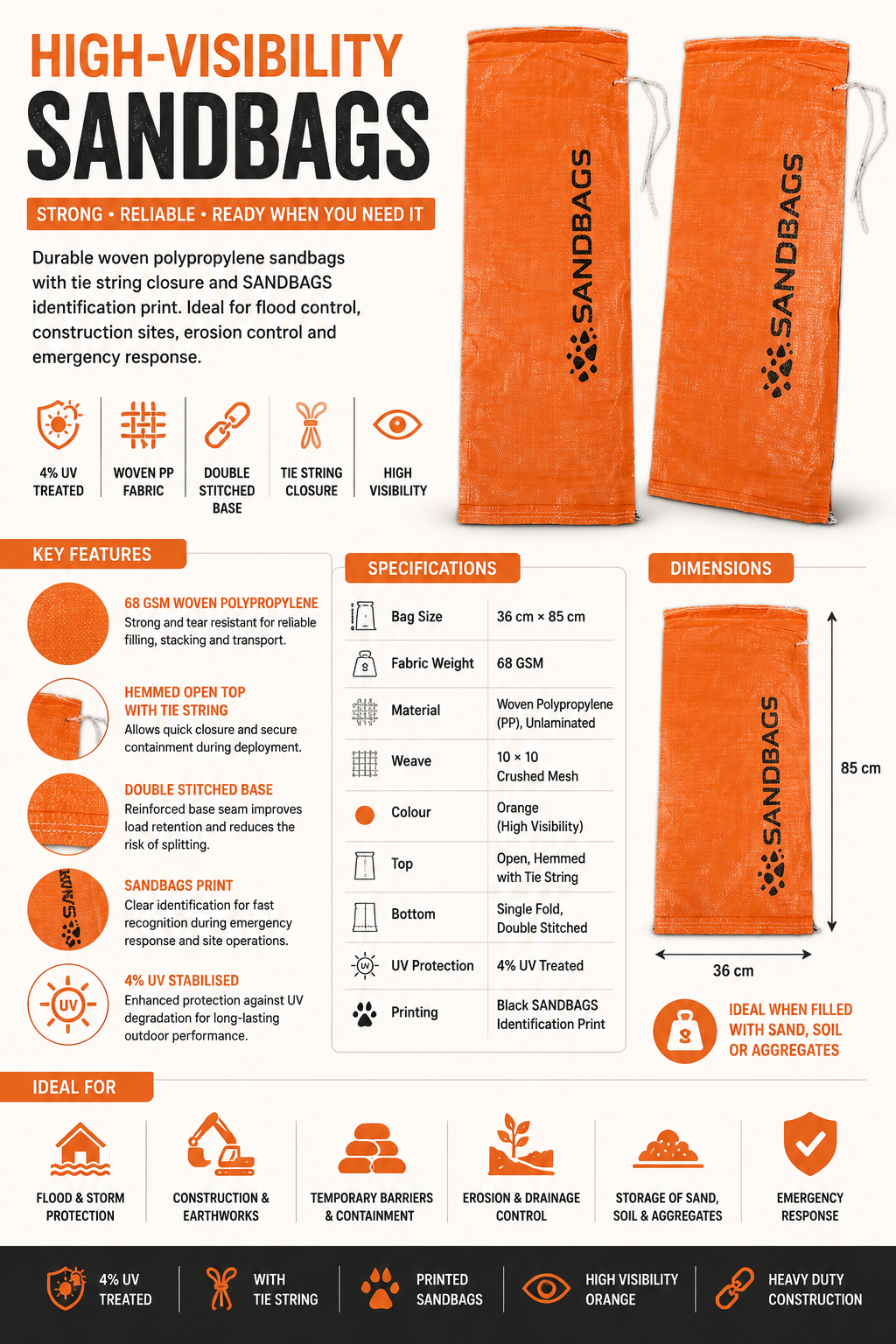Orange woven polypropylene sandbag with tie string, front view