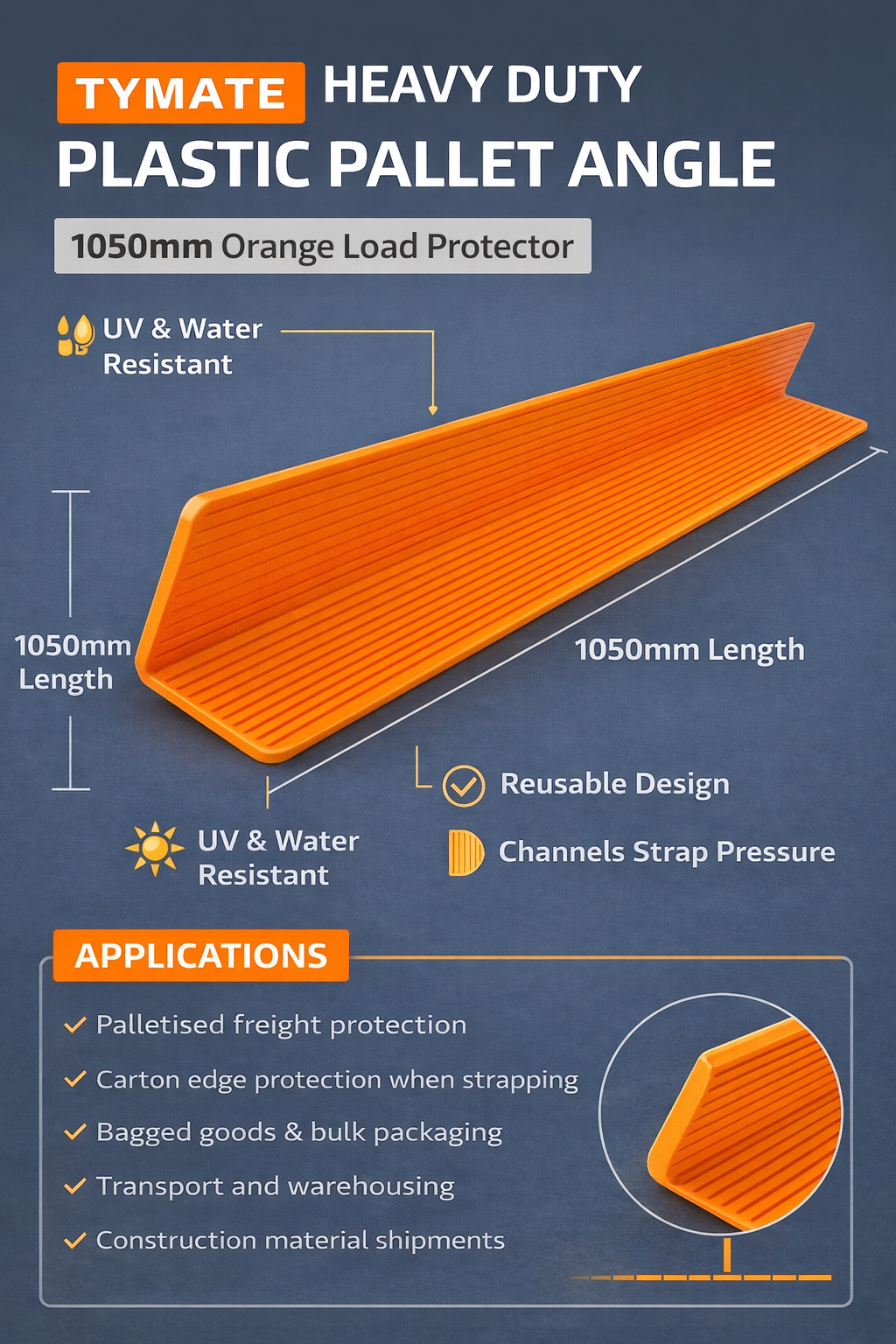 TYMATE Heavy Duty Plastic Pallet Angle 1050mm – Orange Load Protector