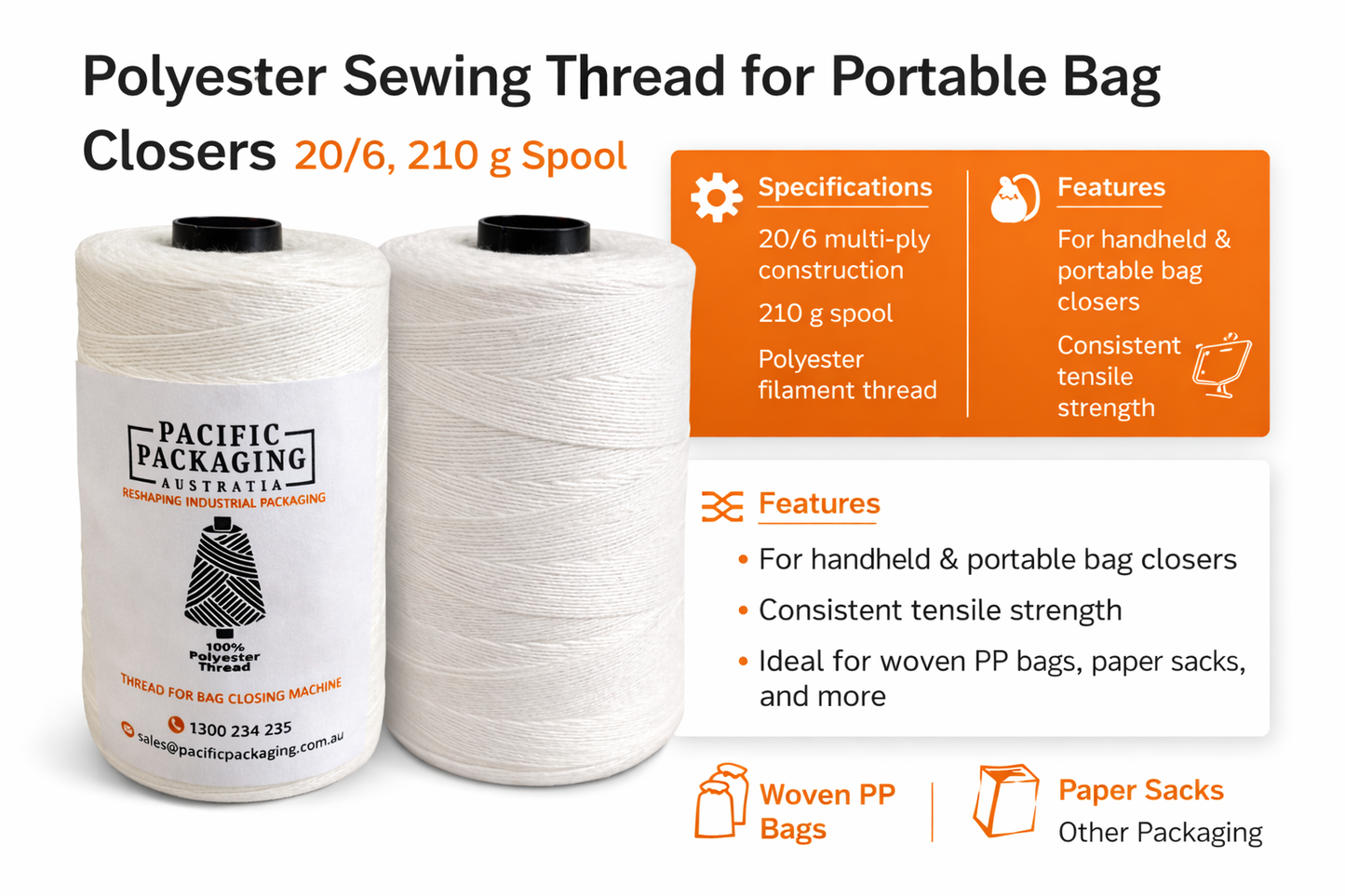 Polyester Sewing Thread for Portable Bag Closers, 20/6, 210 g