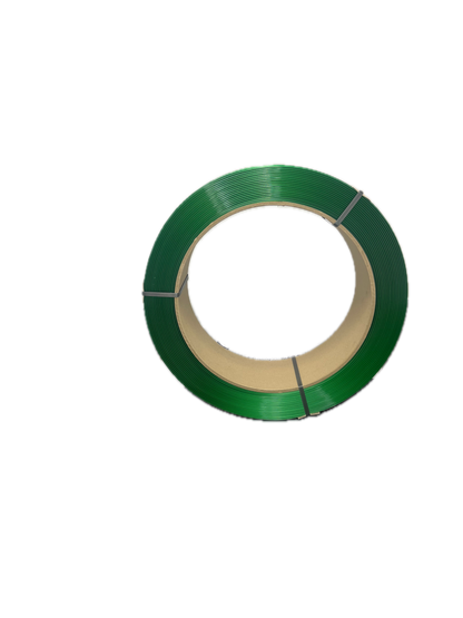 Green spool of packaging PET on a white background