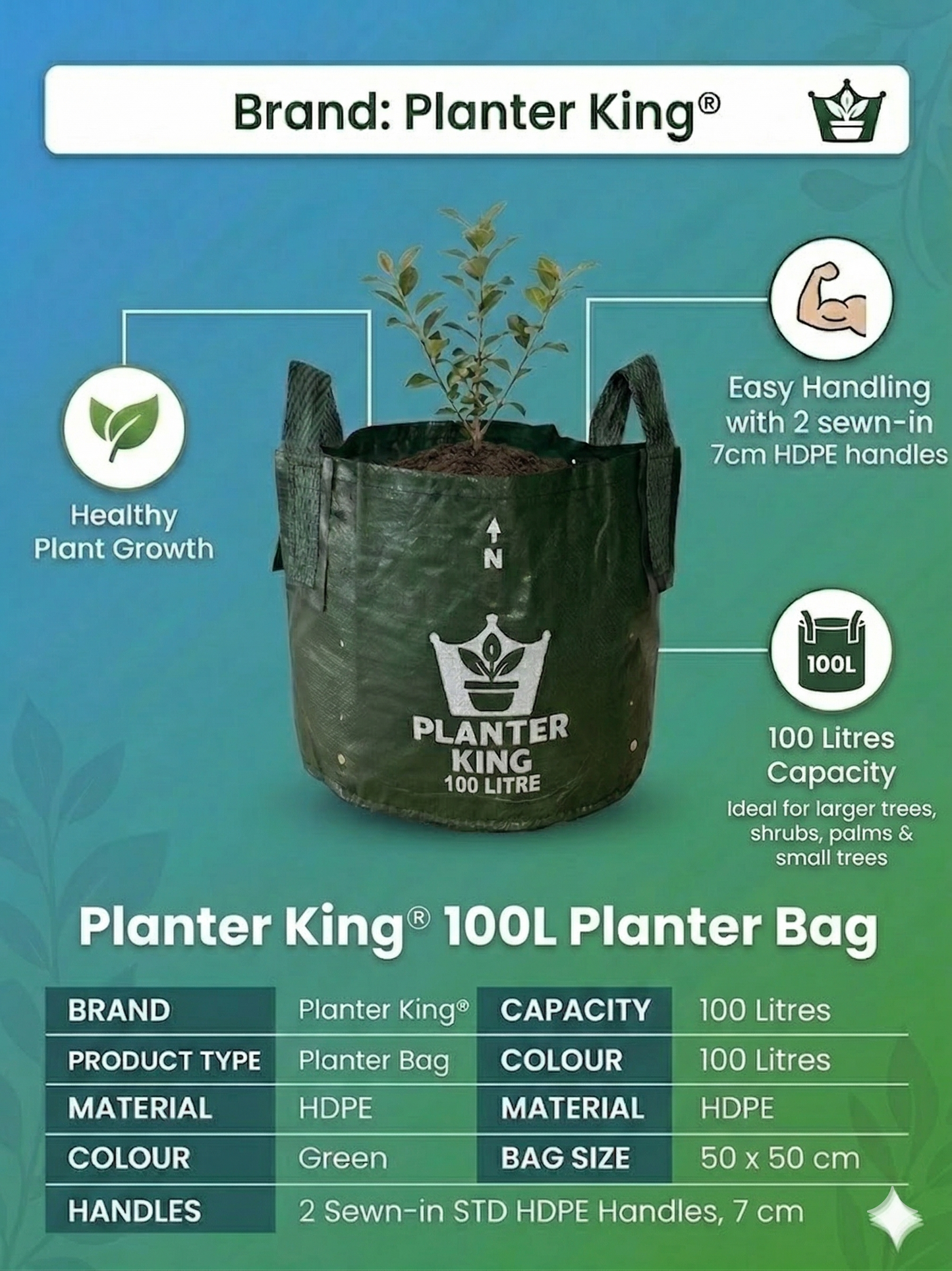 Planter King® 100L Planter Bag with Handles, Green HDPE Plant Bag (51 x 50 cm)