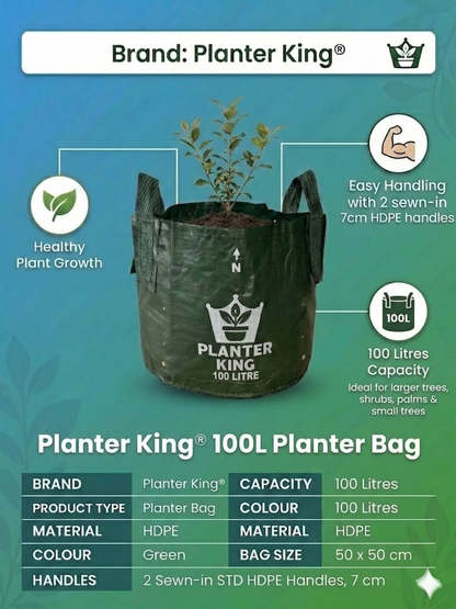Planter King® 100L Planter Bag with Handles, Green HDPE Plant Bag (51 x 50 cm)