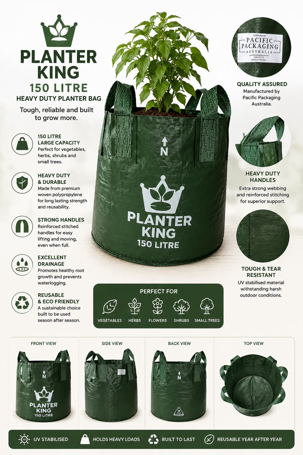 Planter King® 150L Planter Bag with Handles, Green HDPE Plant Bag (60 x 54 cm)