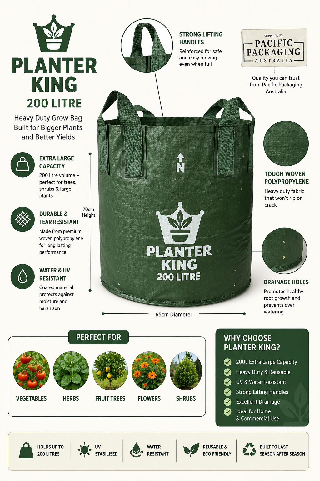 Planter King® 200L Planter Bag with Handles, Green HDPE Plant Bag (65 x 60 cm)