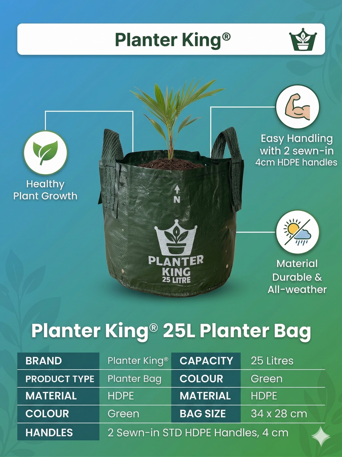 Planter King® 25L Planter Bag with Handles – Green HDPE Plant Bag (34 × 28 cm)