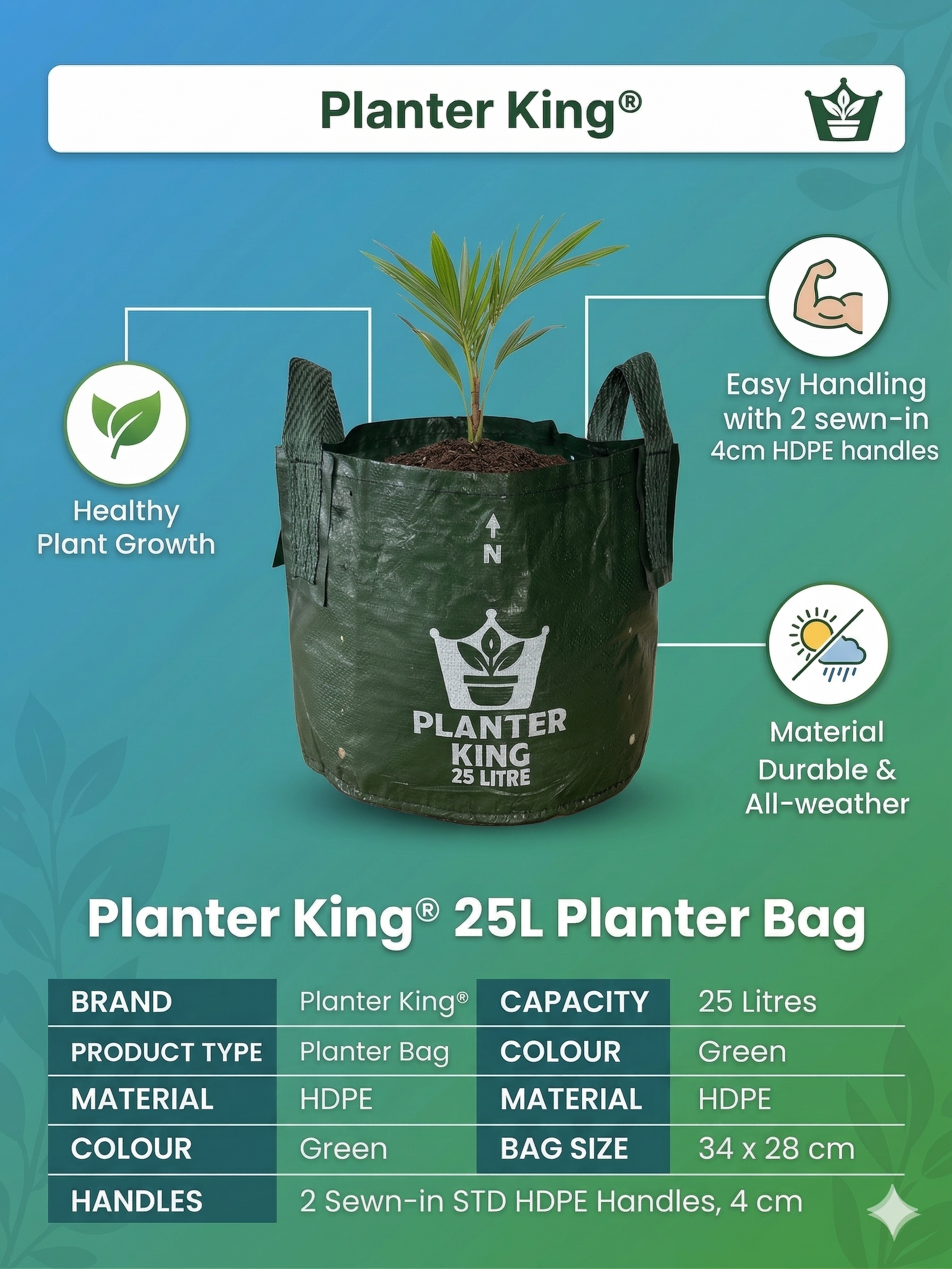 Planter King® 25L Planter Bag with Handles – Green HDPE Plant Bag (34 × 28 cm)