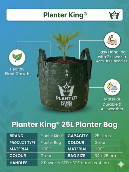Planter King® 25L Planter Bag with Handles – Green HDPE Plant Bag (34 × 28 cm)