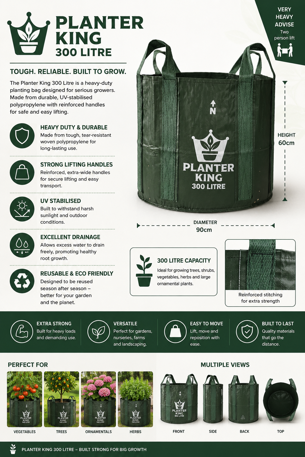 Planter King® 100L Planter Bag with Long Handles, Green HDPE Garden Grow Bag (80 x 60 cm)