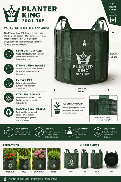 Planter King® 100L Planter Bag with Long Handles, Green HDPE Garden Grow Bag (80 x 60 cm)