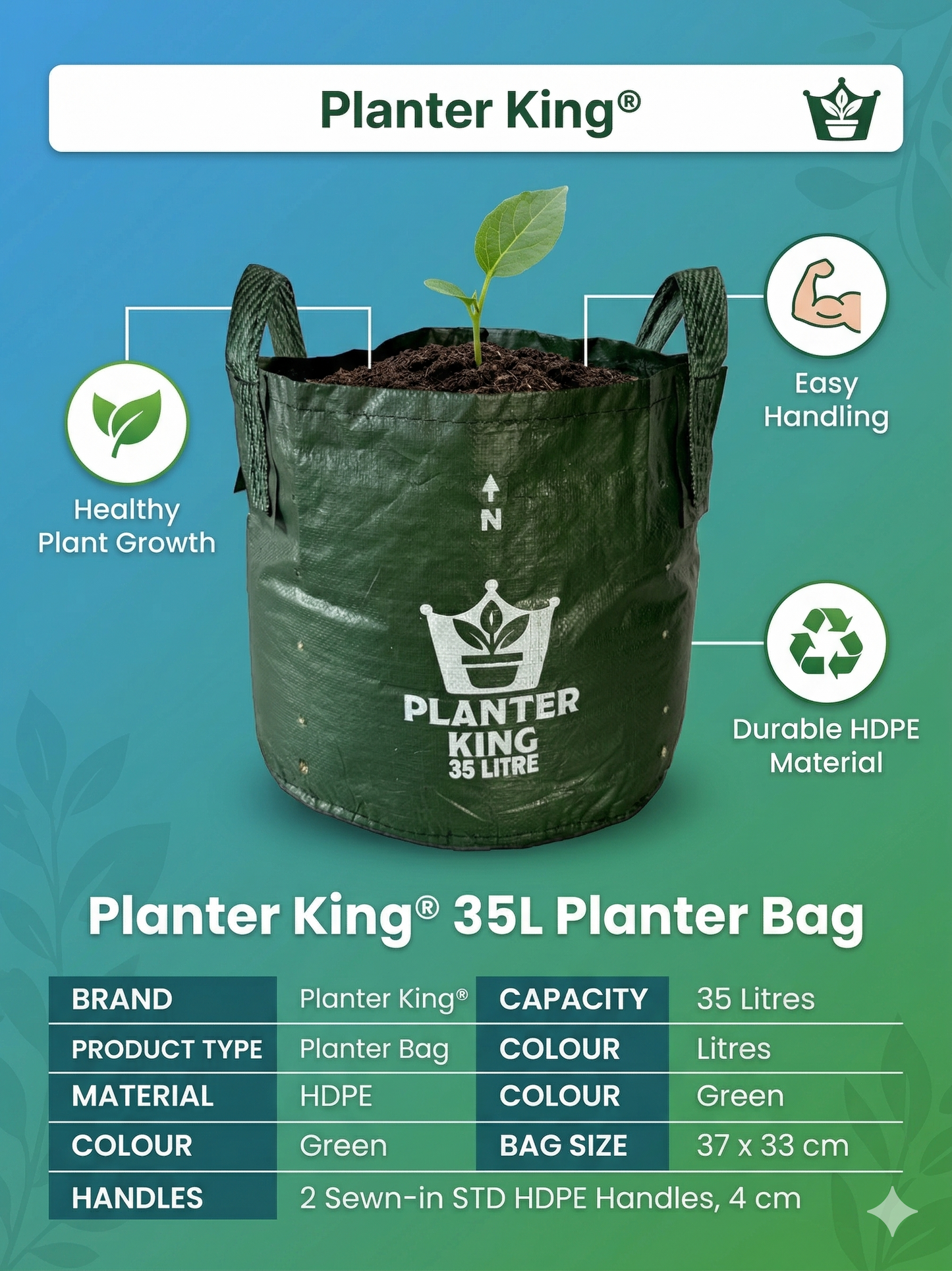 Planter King® 35L Planter Bag with Handles, Green HDPE Plant Bag (37 × 33 cm)