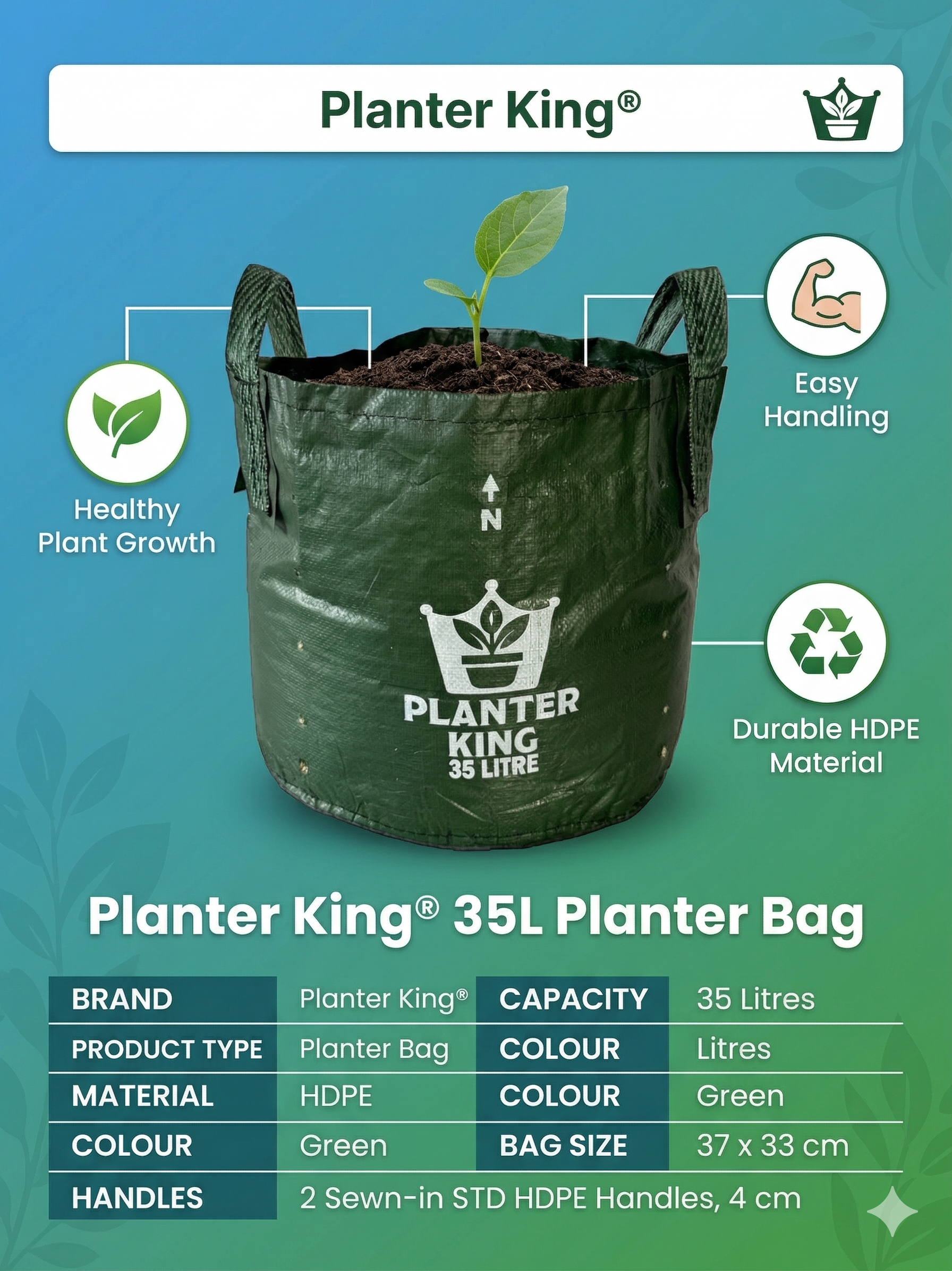 Planter King® 35L Planter Bag with Handles, Green HDPE Plant Bag (37 × 33 cm)