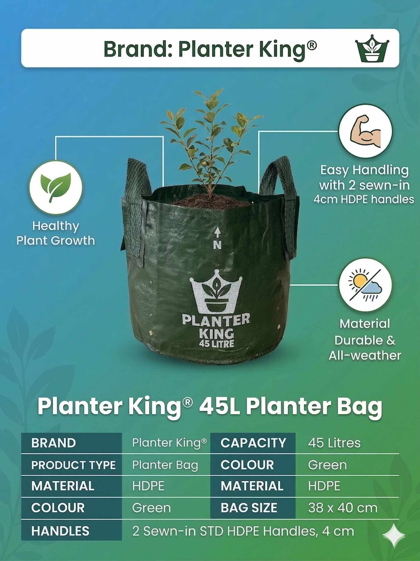Planter King® 45L Planter Bag with Handles, Green HDPE Plant Bag (38 x 40 cm)