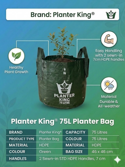 Planter King® 75L Planter Bag with Handles, Green HDPE Plant Bag (46 x 46 cm)