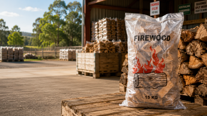 Woven polypropylene firewood bag, front view, with printed design and transparent material