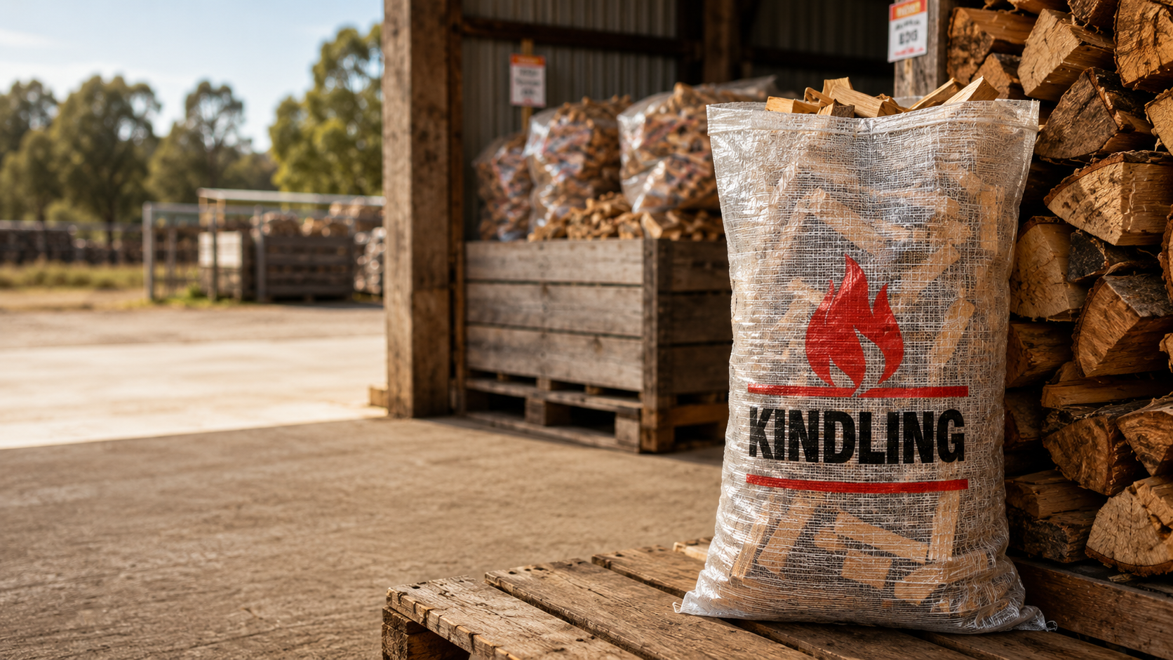 Transparent kindling bags stacked, front view, with printed design