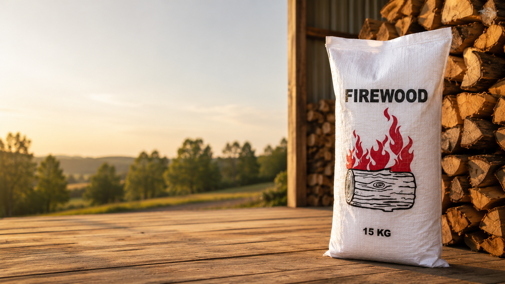 Woven polypropylene firewood bag, front view, with printed design and gusseted sides
