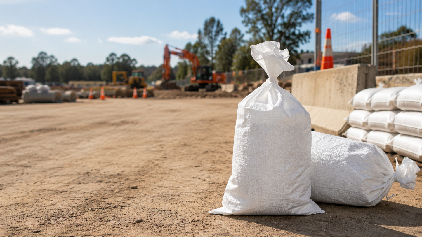 Woven polypropylene sand bag with tie, front view, 36cm x 85cm