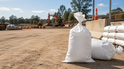 Woven polypropylene sand bag with tie, front view, 36cm x 85cm
