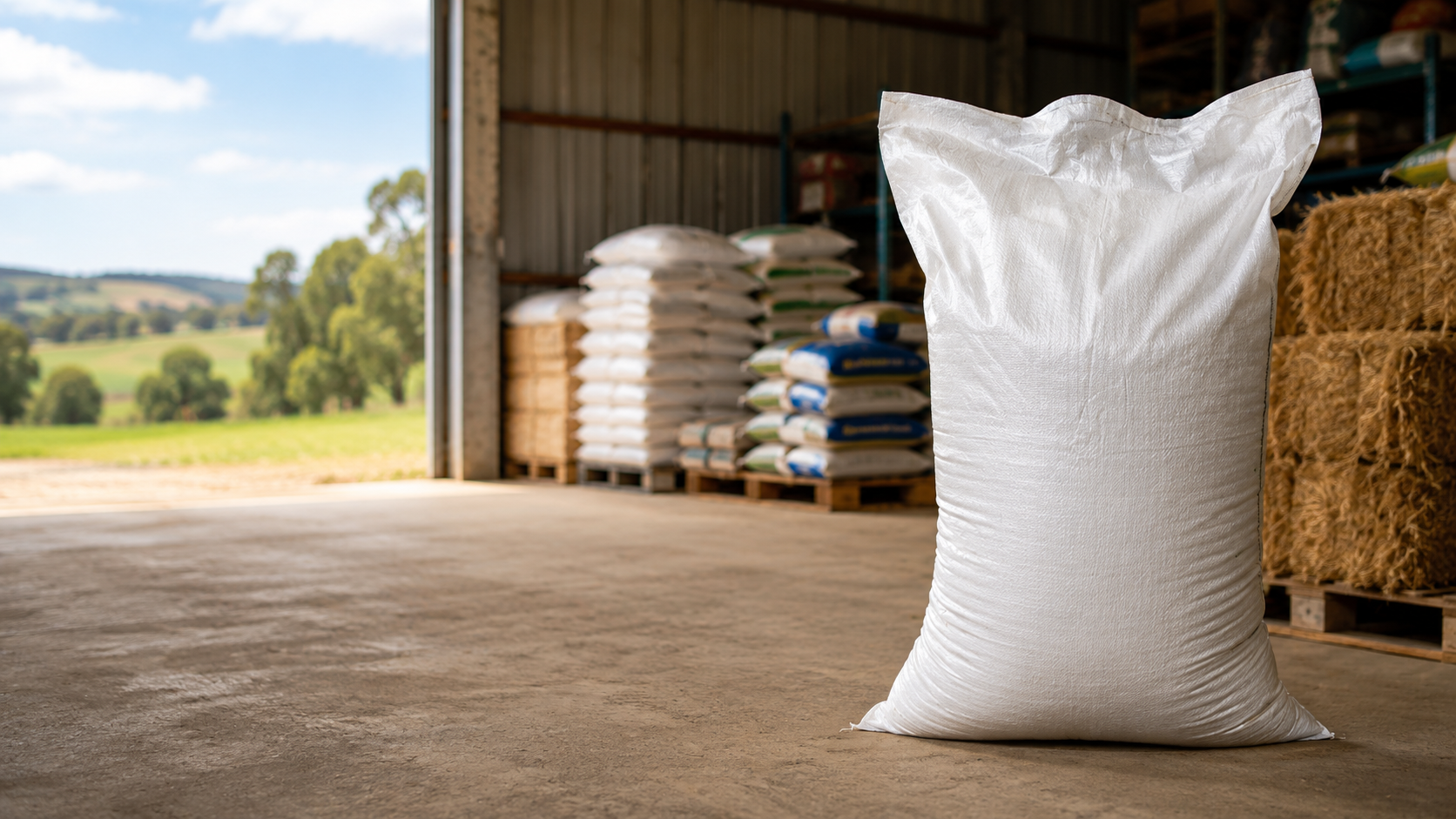 Woven Polypropylene Chaff Bag, front view, with folded top and visible stitching