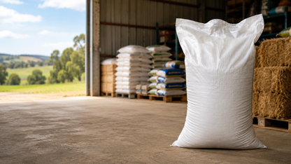Woven Polypropylene Chaff Bag, front view, with folded top and visible stitching