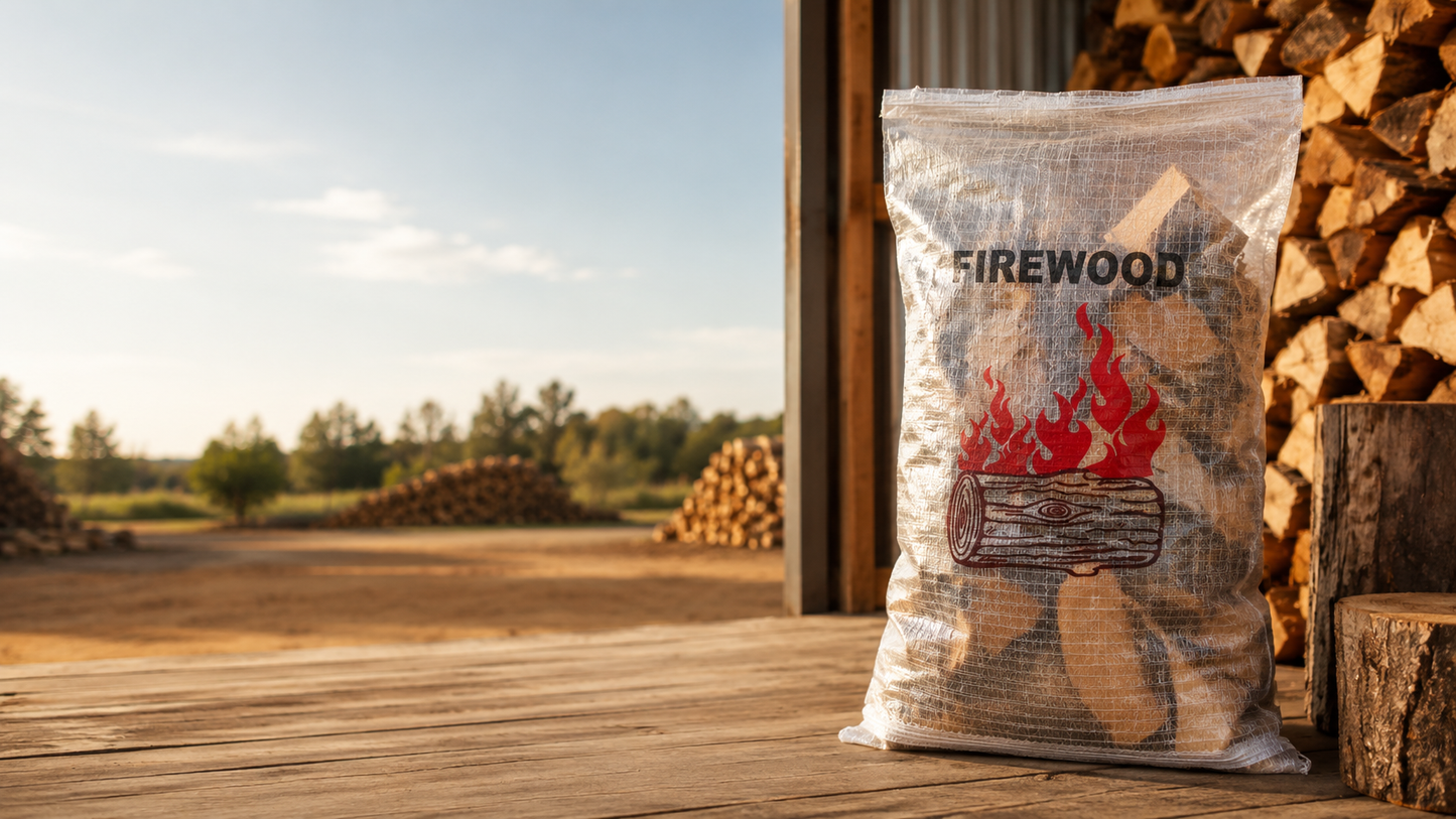 Transparent firewood bag, front view, with firewood logo print
